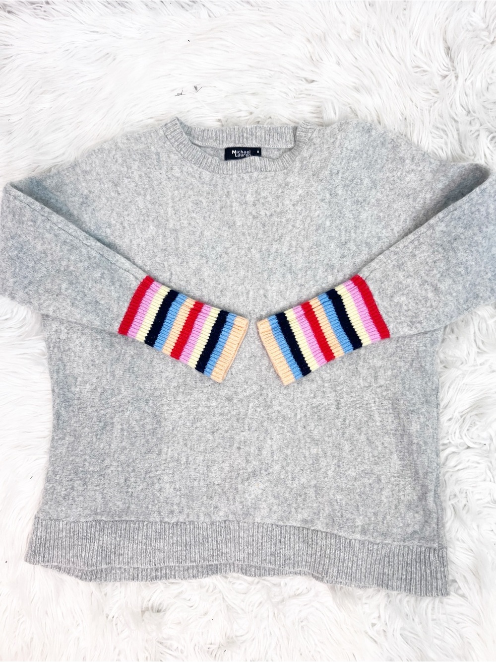 MICHAEL LAUREN CASHMERE GRAY STRIPE SLEEVE PULLOVER CREWNECK SWEATER XS/SMALL